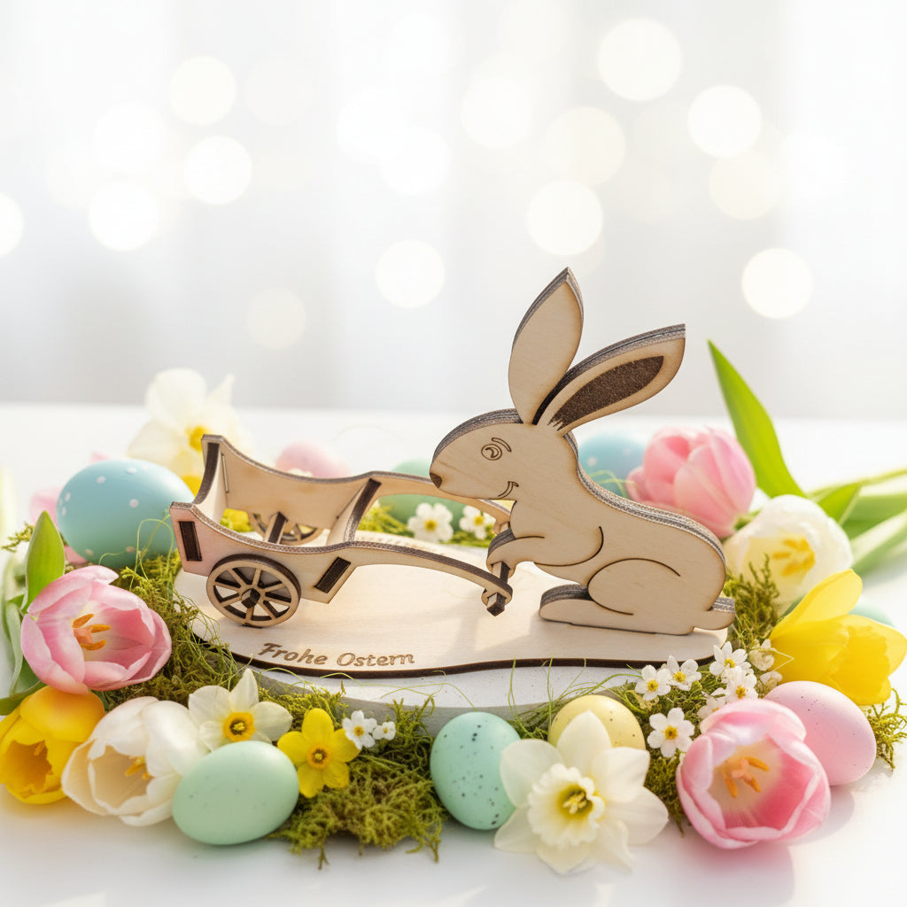 Osterhase mit Eierwagen