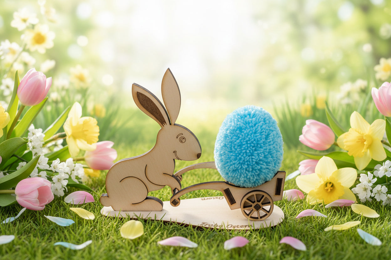 Osterhase mit Eierwagen